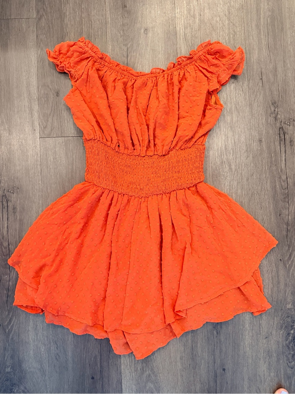 Girls Orange Off-Shoulder Smocked Waist Dress